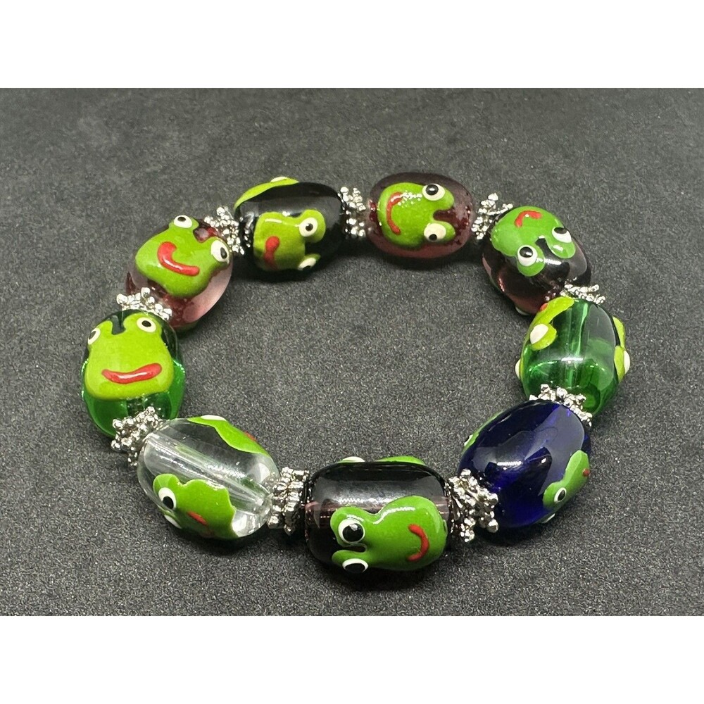 Vintage Handmade Frog Art Glass Bead Metal Accent Stretch Bracelet